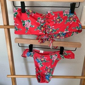 Floral Red Bandeau Two Piece Bikini